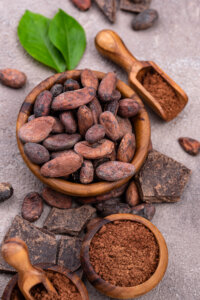 Natural cocoa powder, cocoa beans and pieces of dark chocolate