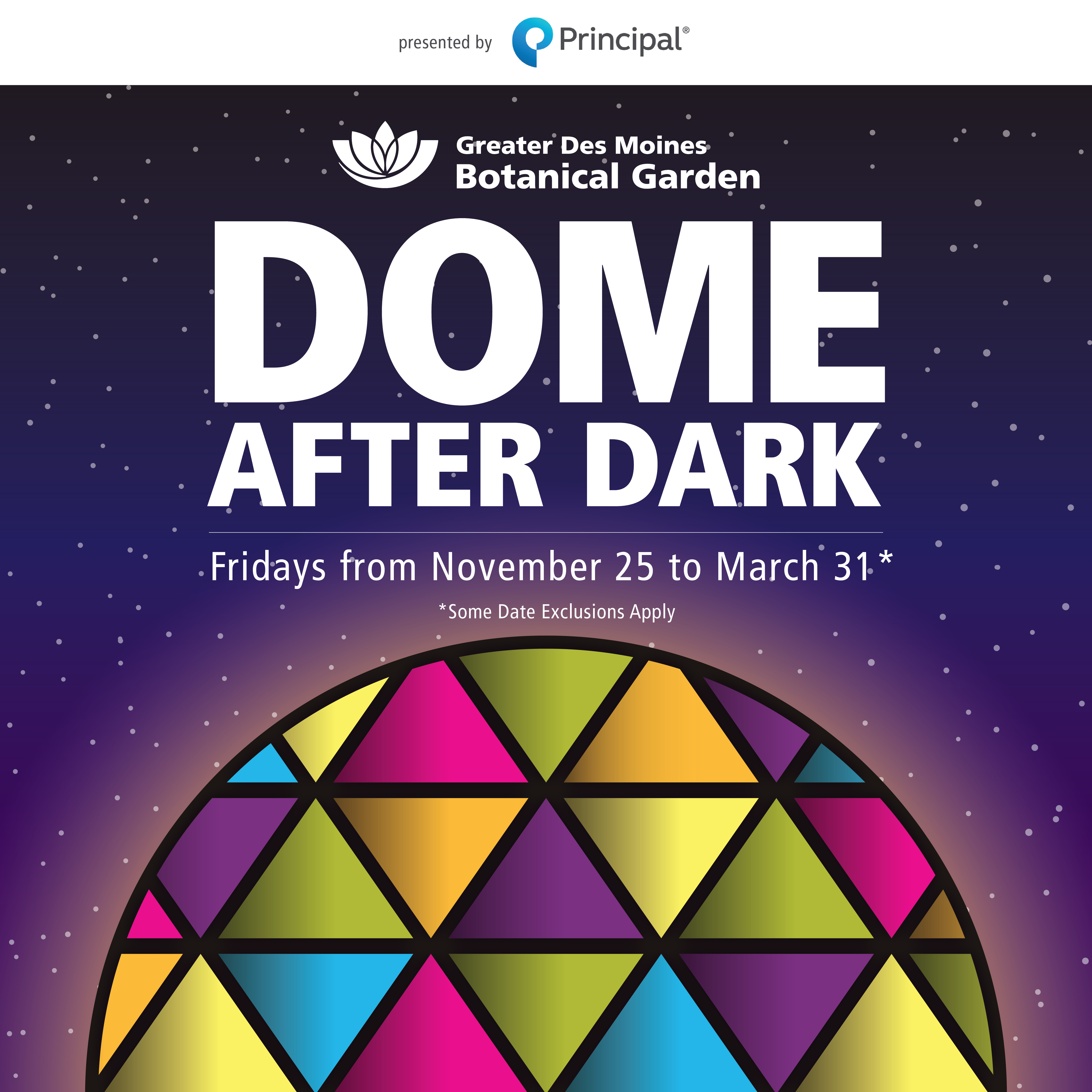 Graphic of geodesic dome lit with colorful lights for Dome After Dark