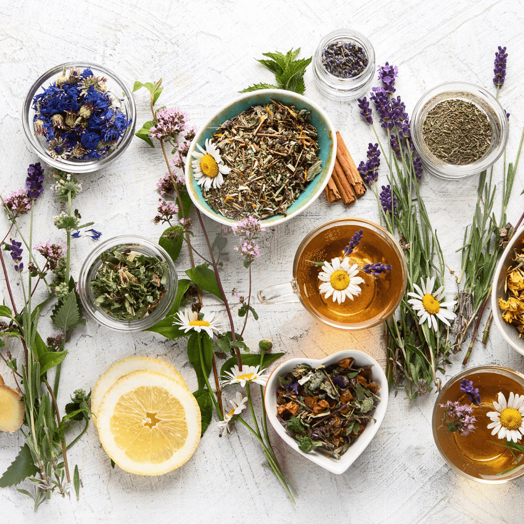 Herbal tea ingredients used to create herbal tea blends. 